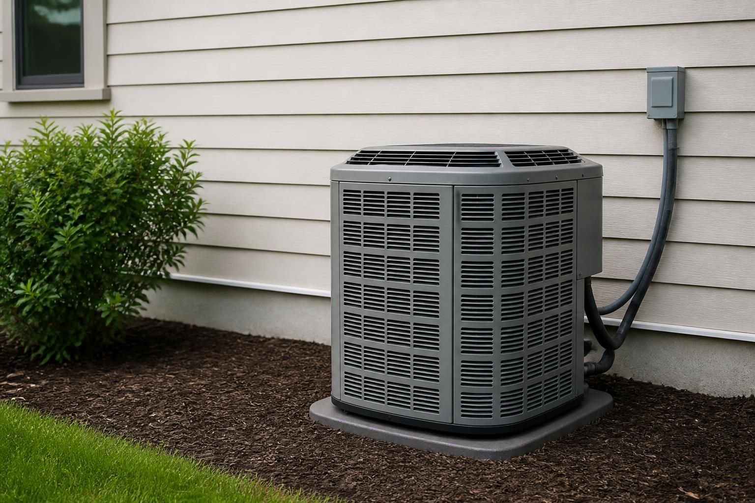 Newly installed air conditioning system on a clean home exterior.
