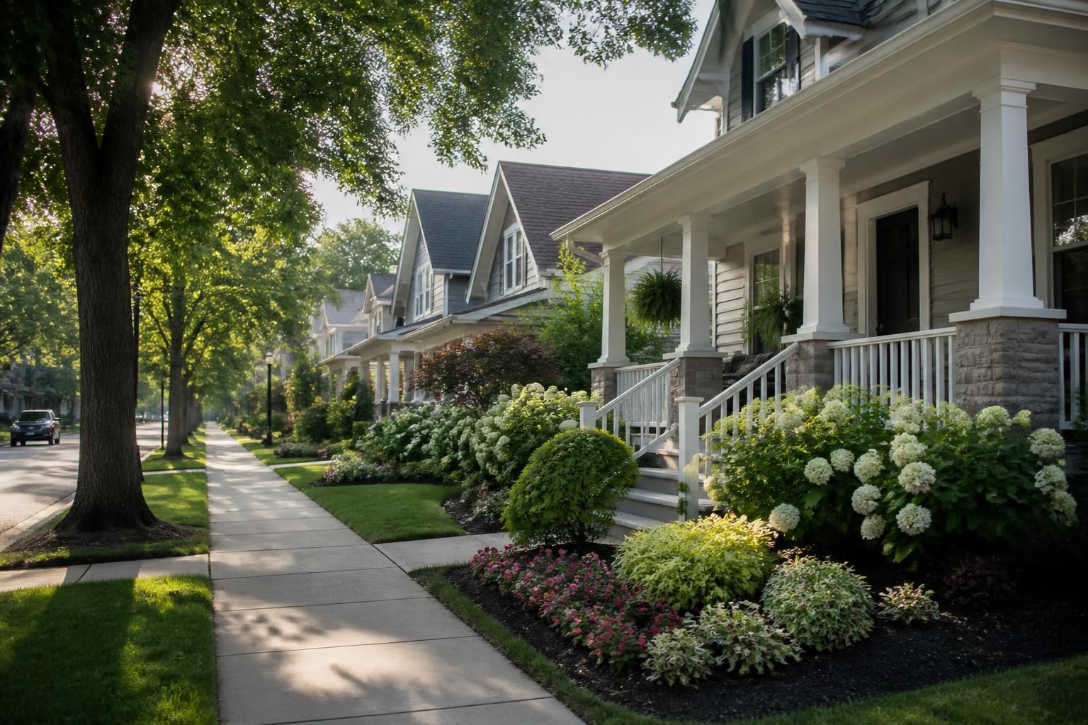 Residential area with clean streets and neat homes.