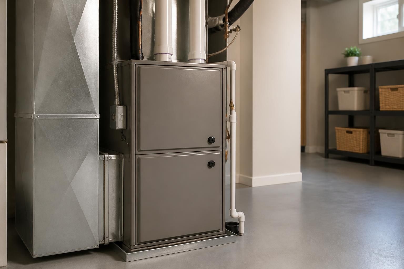 Neatly installed furnace in a clean, organized utility space.