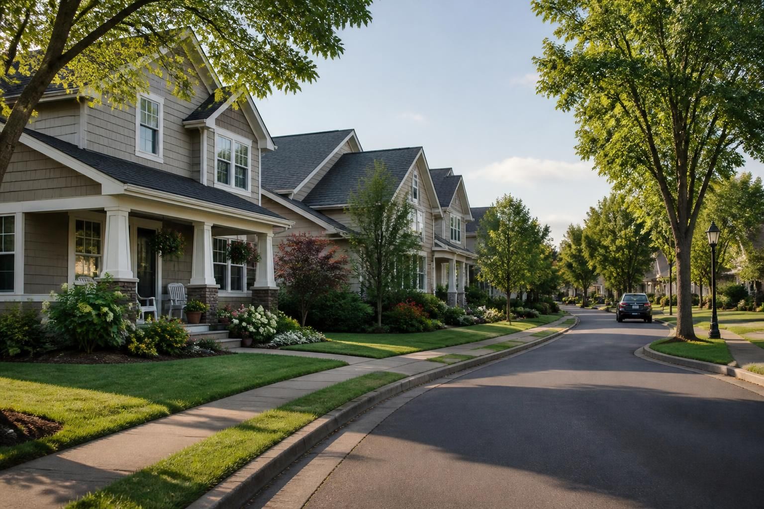 Suburban street with clean homes and trimmed trees.