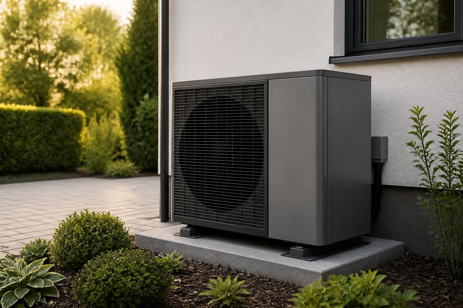 Modern heat pump installed beside a well-kept home.