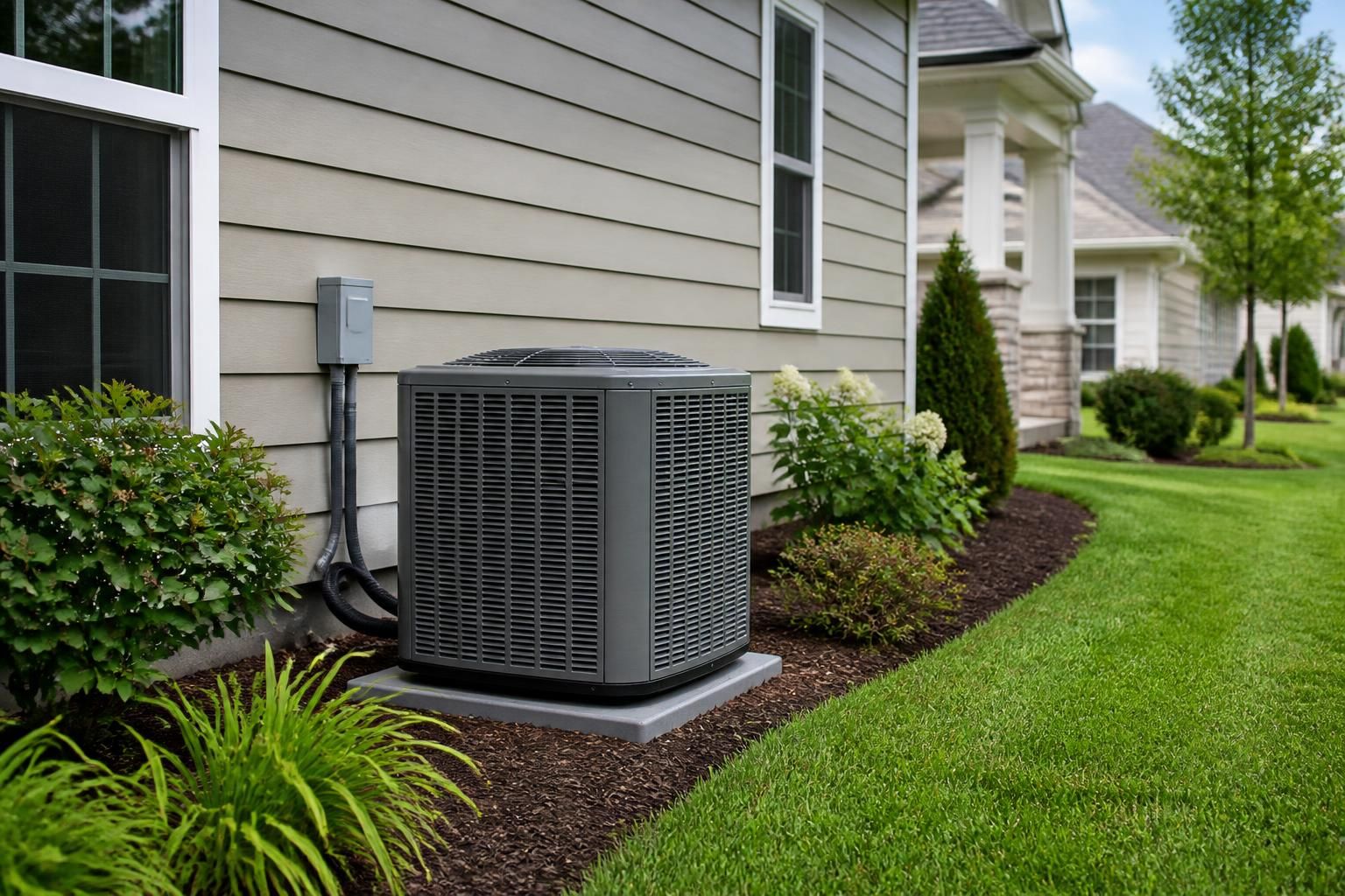Suburban home exterior with a clean HVAC unit and tidy landscaping.