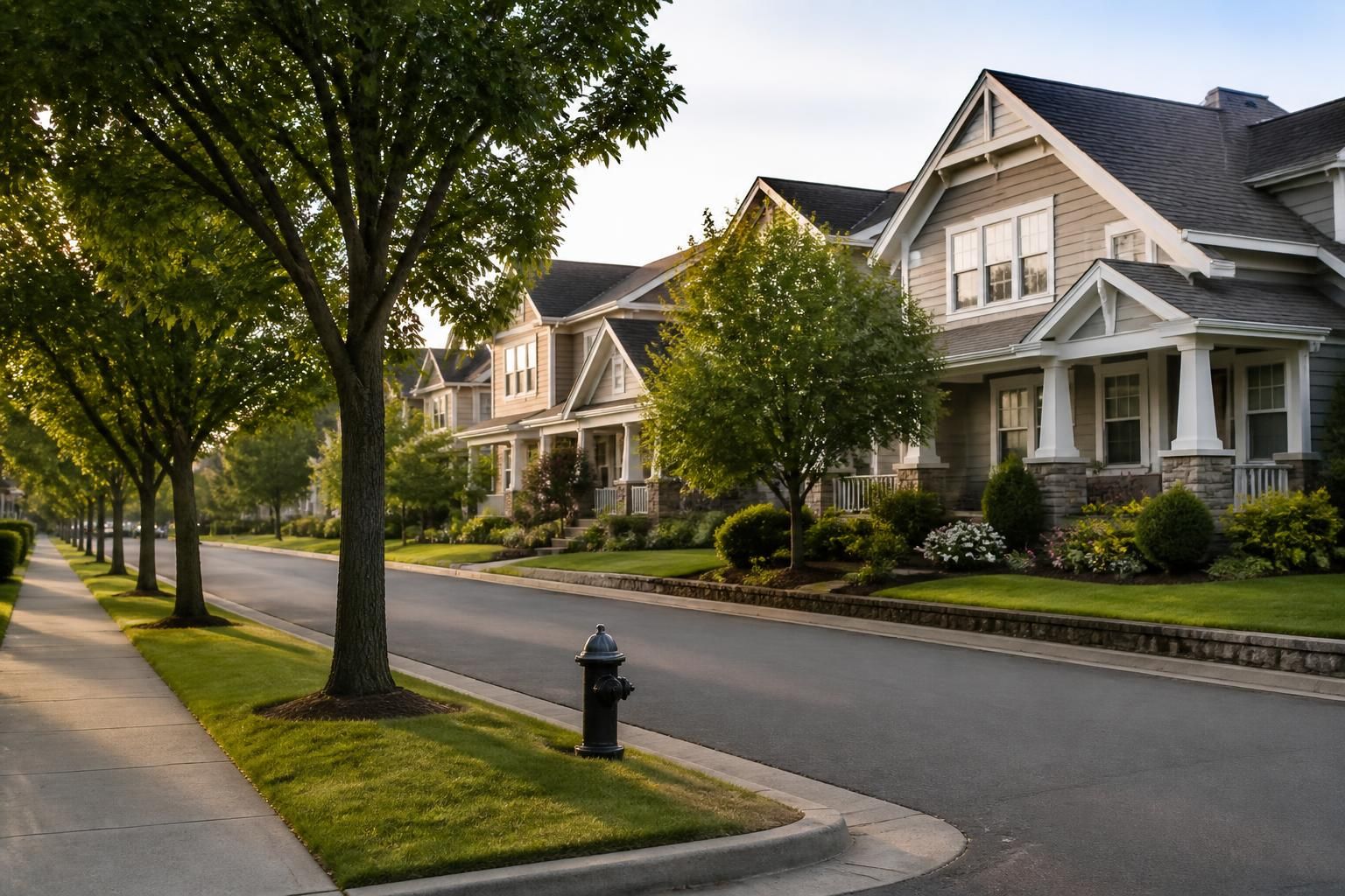 Clean residential neighborhood with tidy homes and calm streets.