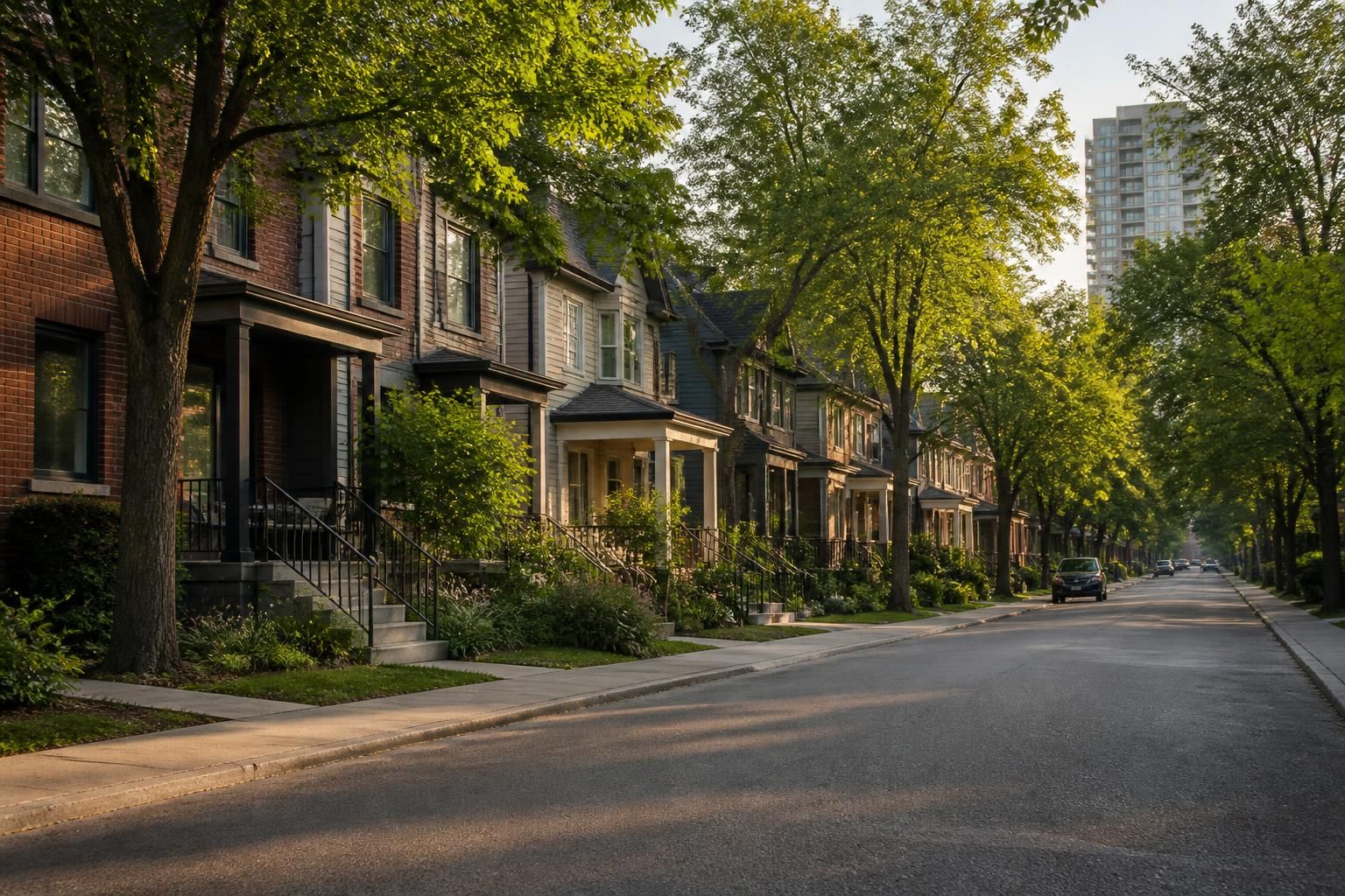 Urban neighborhood with attractive homes and street trees.