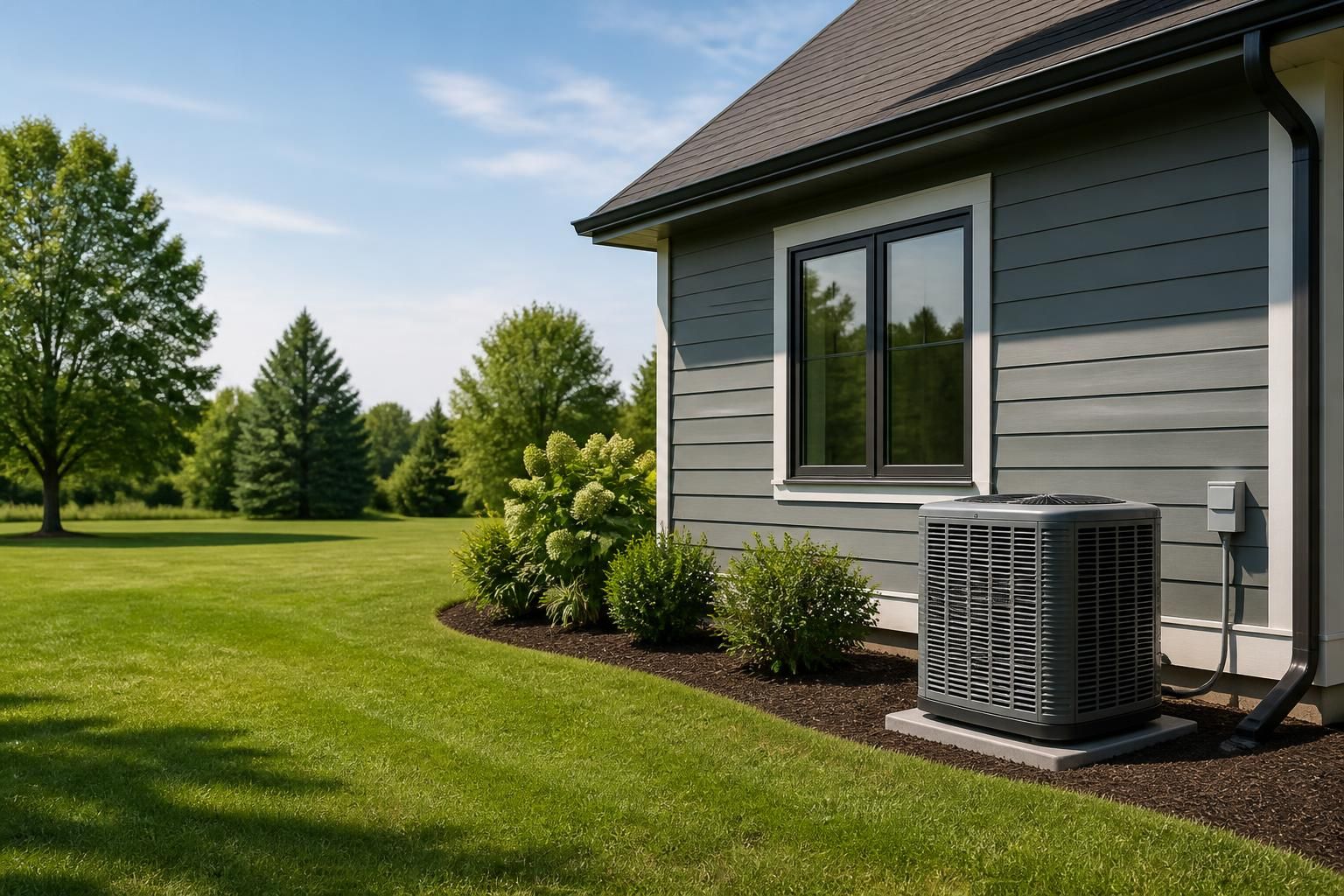 Finished residential exterior with a clean HVAC condenser.